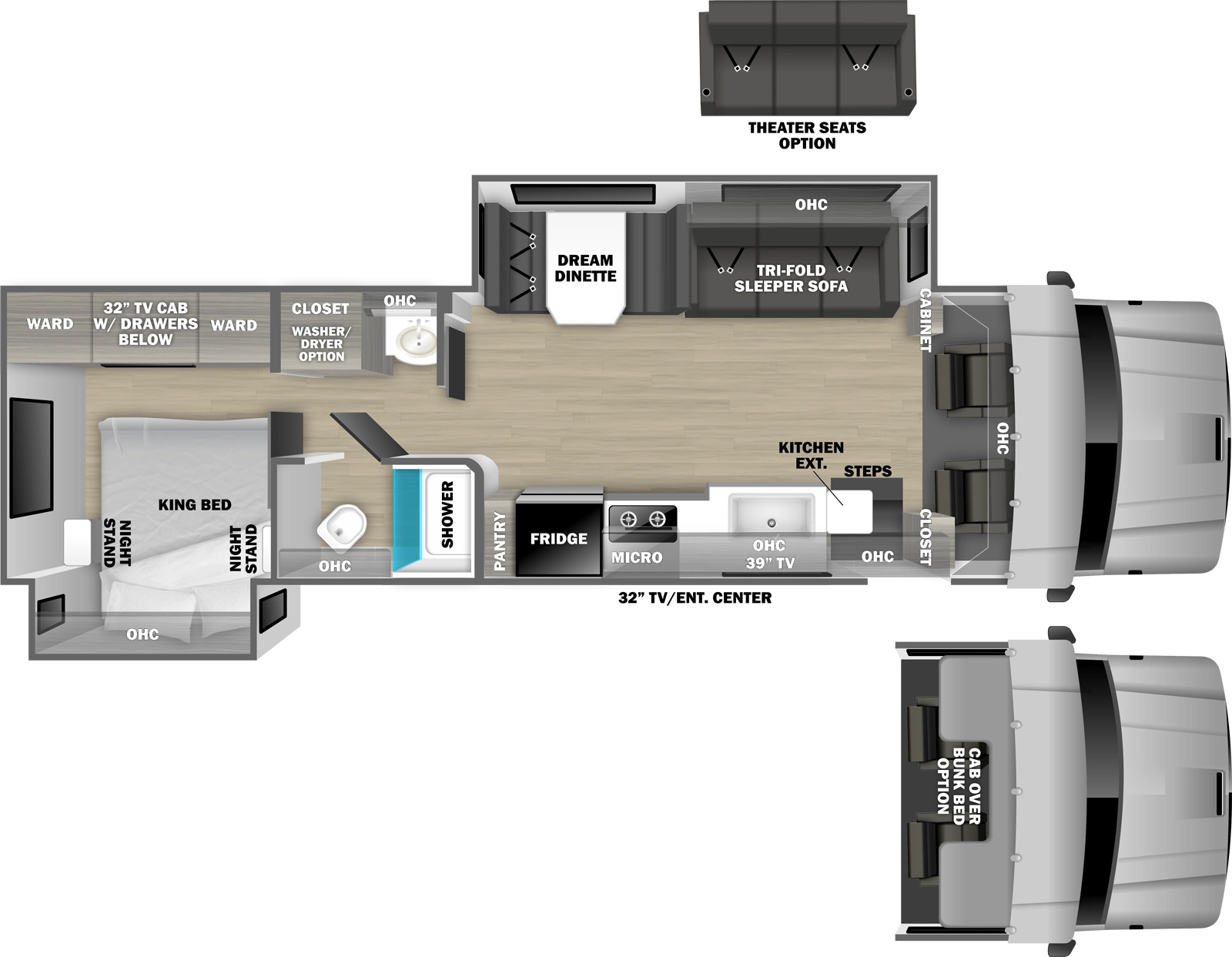 The DynaQuest XL 3400KD floorplan has one entry and two slide outs. Exterior features include: 25' 6" awning and outside entertainment. Interiors features include: rear bedroom and bunk over cab.